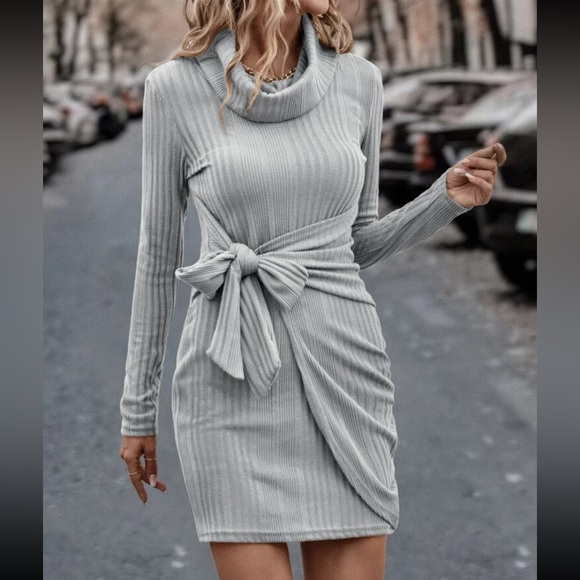 Classic Long Sleeve Cowl Neck Knot Side Wrap Hem Ribbed Dress - Picture 16 of 16